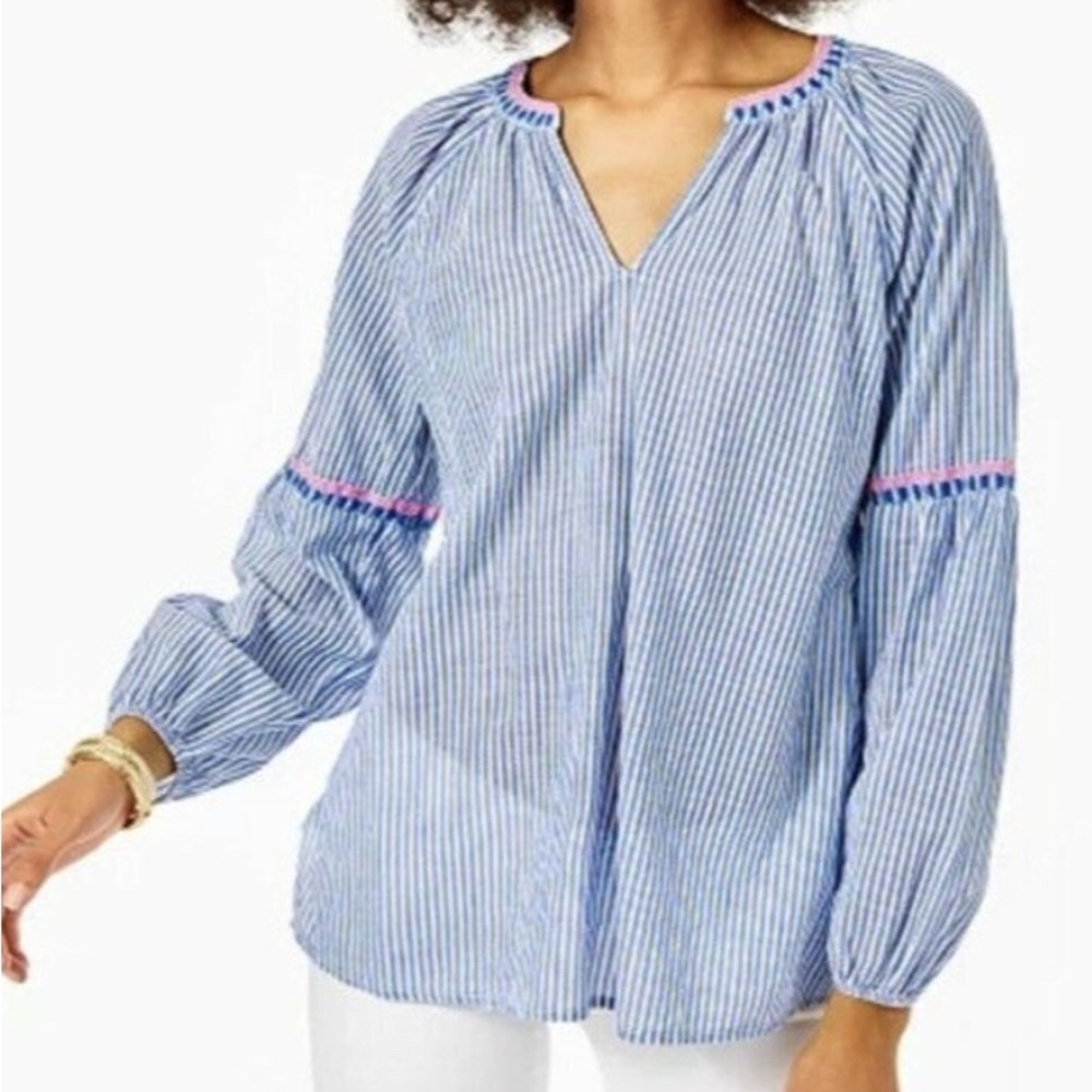 LILLY PULITZER TAELYNN STRIPE TOP COASTAL BLUE V-NECK PEASANT BOHO BLOUSE SMALL - Picture 1 of 8